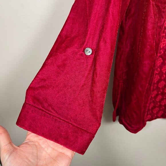 John Mark Velvet Tunic Top Size Small Red Embroidered Roll Tab Sleeve Peasant - Picture 5 of 10